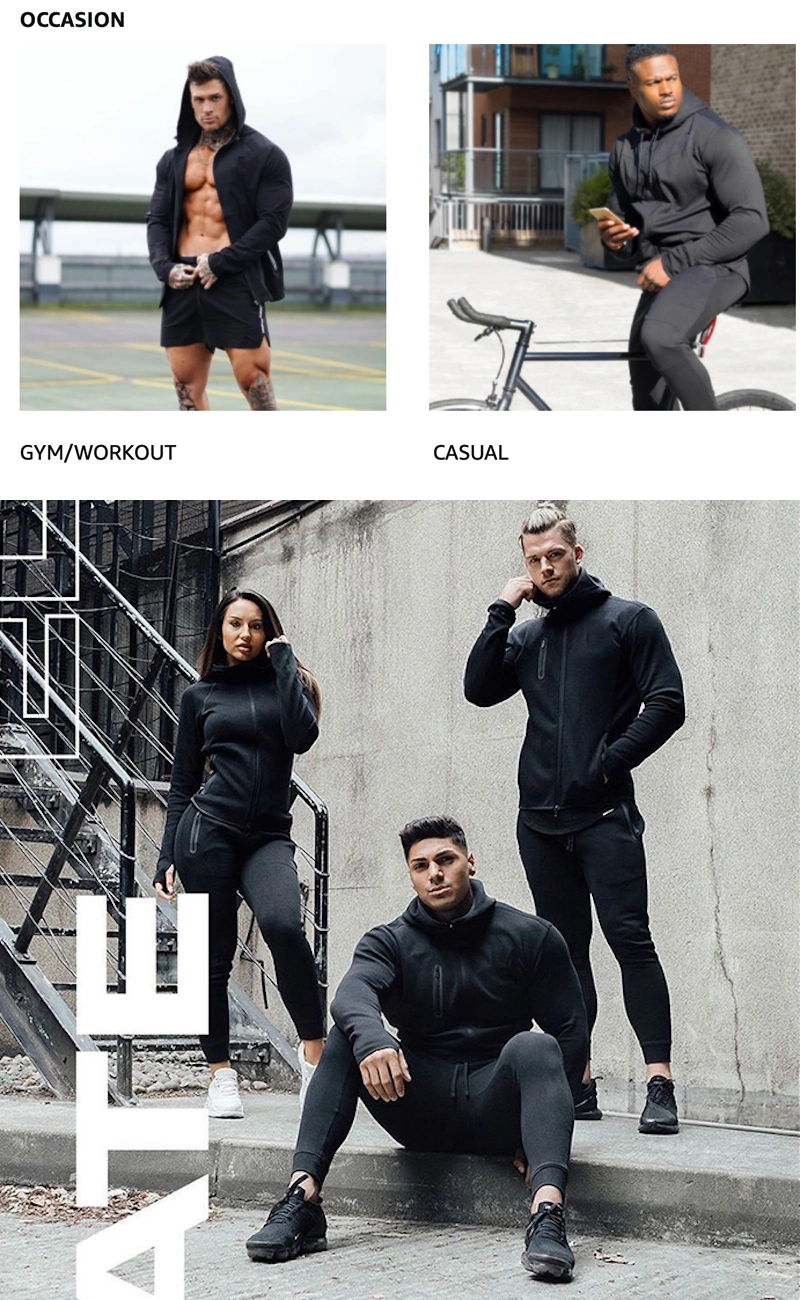 Mens Plus Size Black Sweat Jogging Suits Sports Gym Wear, Custom Street Apparel Casual Hooded Zipper Jacket + Jogger Pants Tracksuits for Men and Women